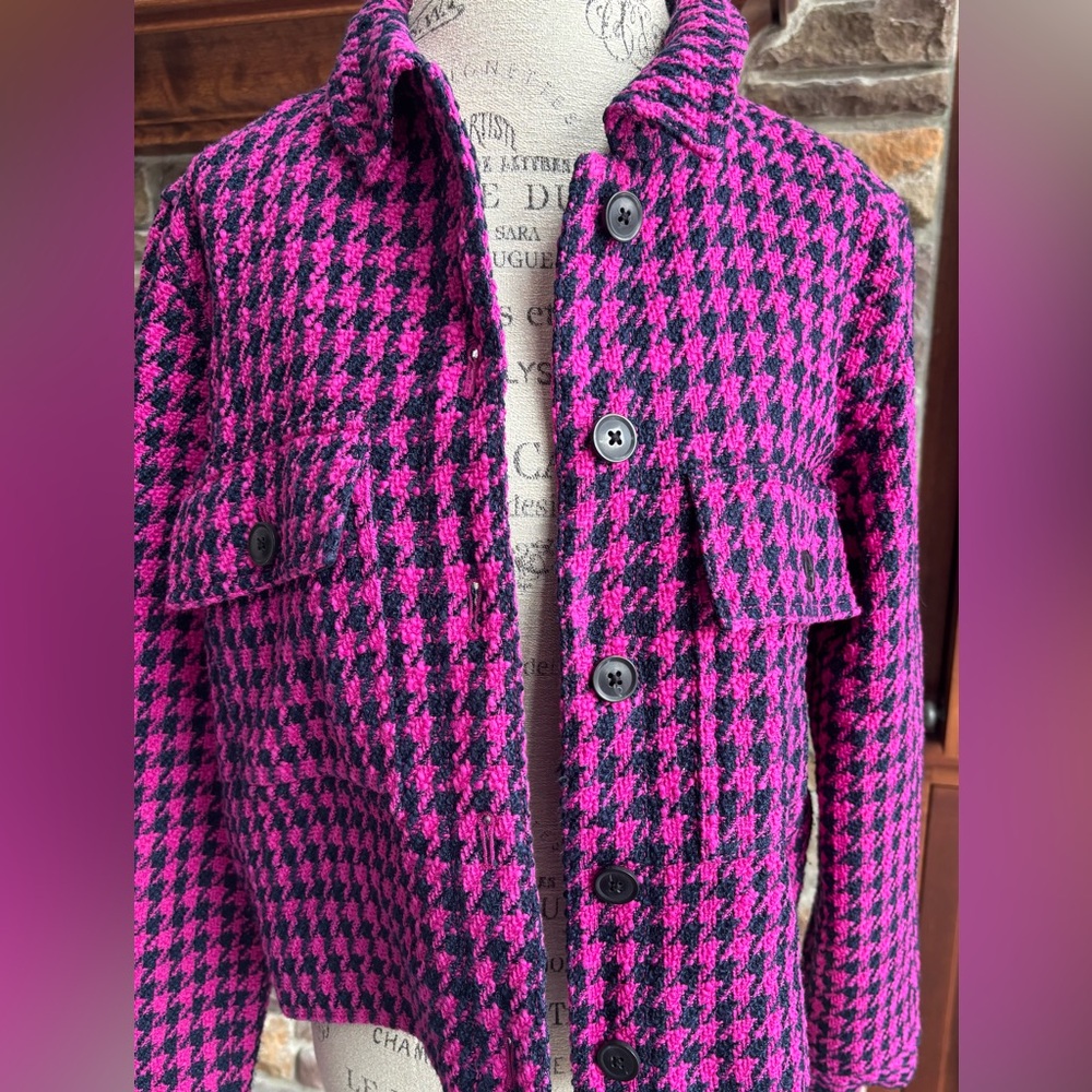 Loft Textured Houndstooth Cropped Jacket Large Pink Navy - Picture 7 of 13